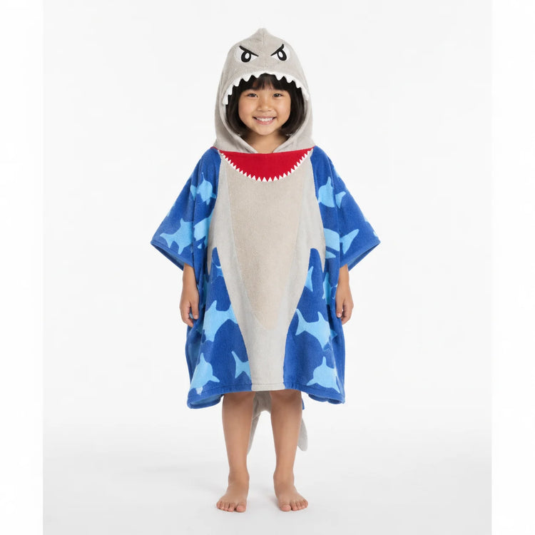 Child wearing a blue and white patterned hooded animal towel poncho.