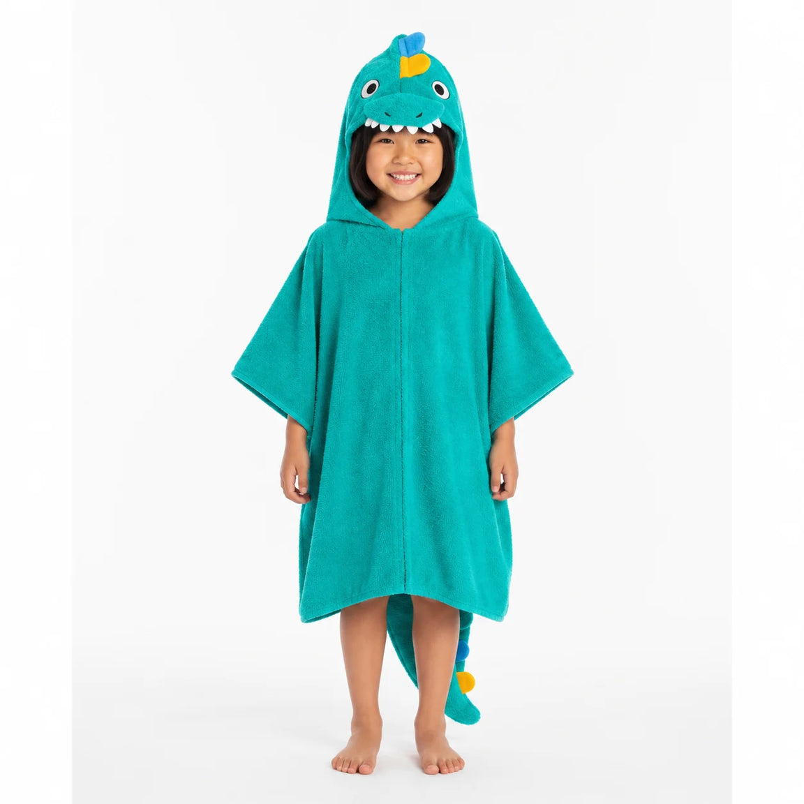 Child wearing a turquoise hooded animal towel poncho.