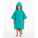 Child wearing a turquoise hooded animal towel poncho.