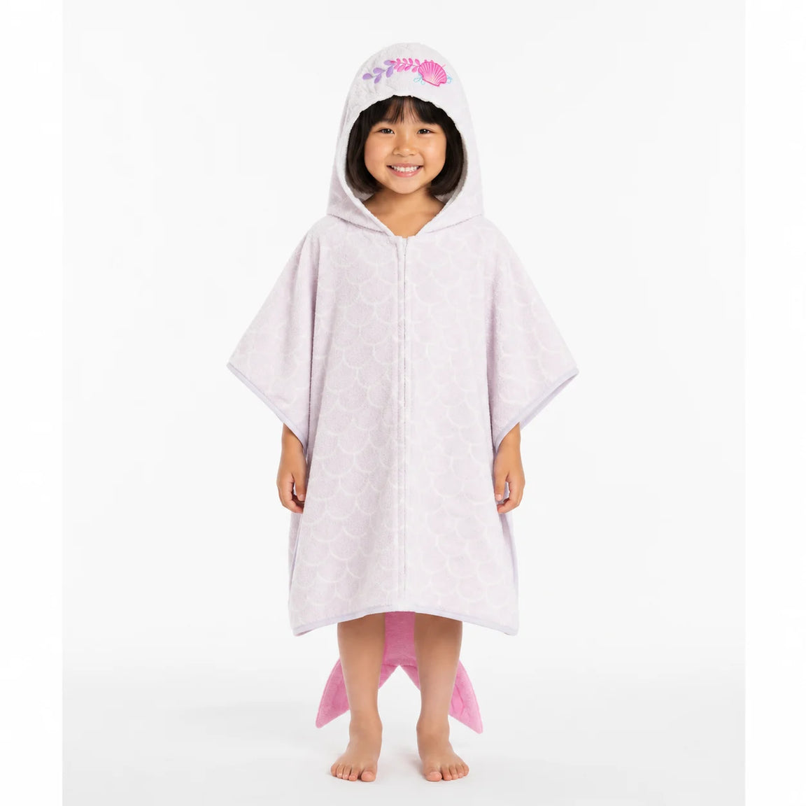 Child wearing a pale pink hooded animal towel poncho.