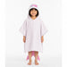 Child wearing a pale pink hooded animal towel poncho.
