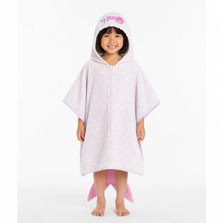 Child wearing a pale pink hooded animal towel poncho.