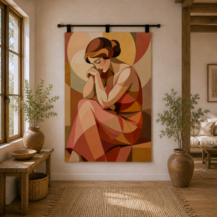 Warm-toned wall tapestry with an abstract portrait of an embracing couple.