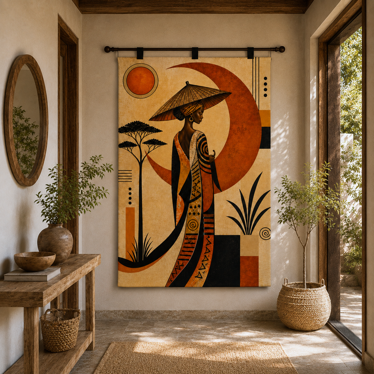 Orange and cream wall tapestry with stylised figures, sun and botanical shapes.