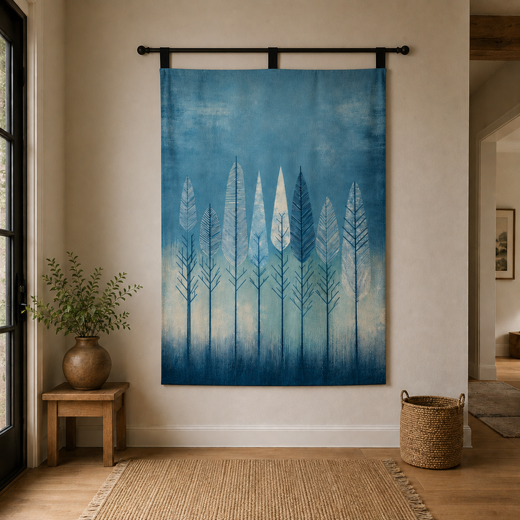 Blue wall tapestry with pale elongated tree silhouettes.