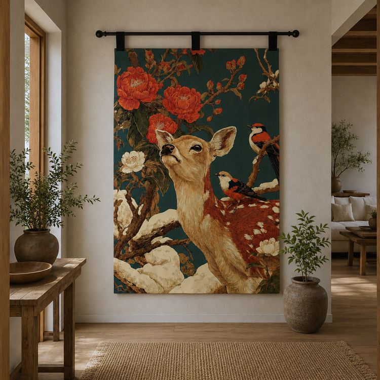 Dark floral wall tapestry with a deer portrait.