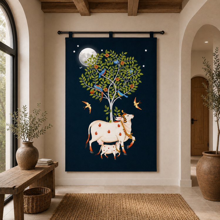 Dark wall tapestry with a decorative tree, moon and spotted deer illustration.