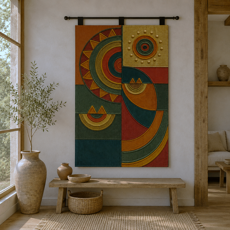 Wall tapestry with bold multicoloured abstract circular forms.