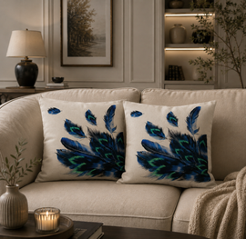 Two cream cushion covers with blue and green peacock feather designs on an armchair.