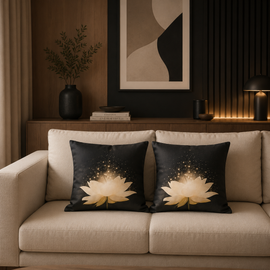 Two black cushion covers with large pale lotus flowers on a cream sofa.