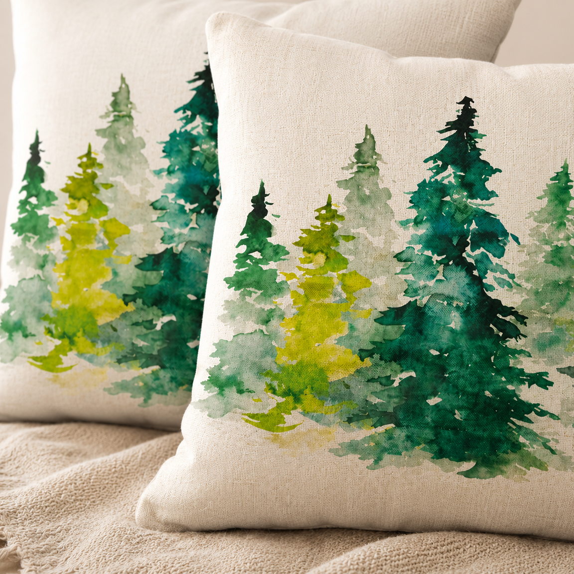 Close view of cream cushion covers with layered green pine trees.