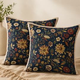 Two navy cushion covers with yellow flowers and green leaves on a sofa.