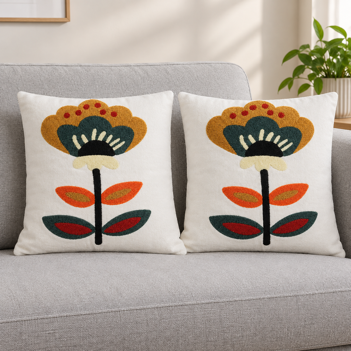 Two cream cushion covers with colourful floral embroidery on a grey sofa.
