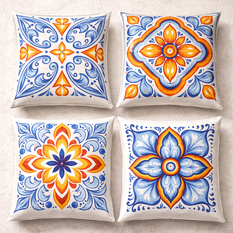 Four white cushion covers with ornate blue, orange and yellow floral tile designs.
