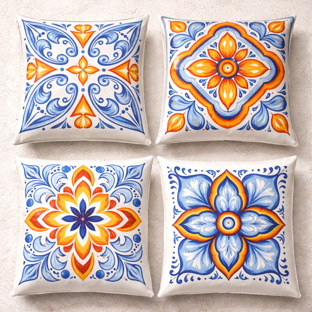 Spanish Tile Inspired Floral Cushion Cover pack of 4