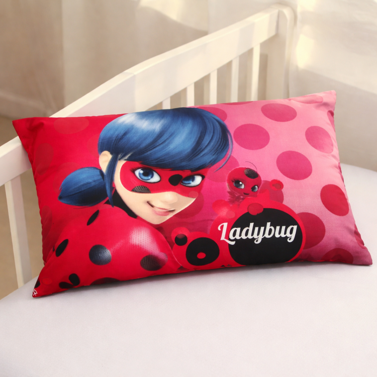 Pink and red rectangular cushion cover with a blue-haired masked Ladybug character.