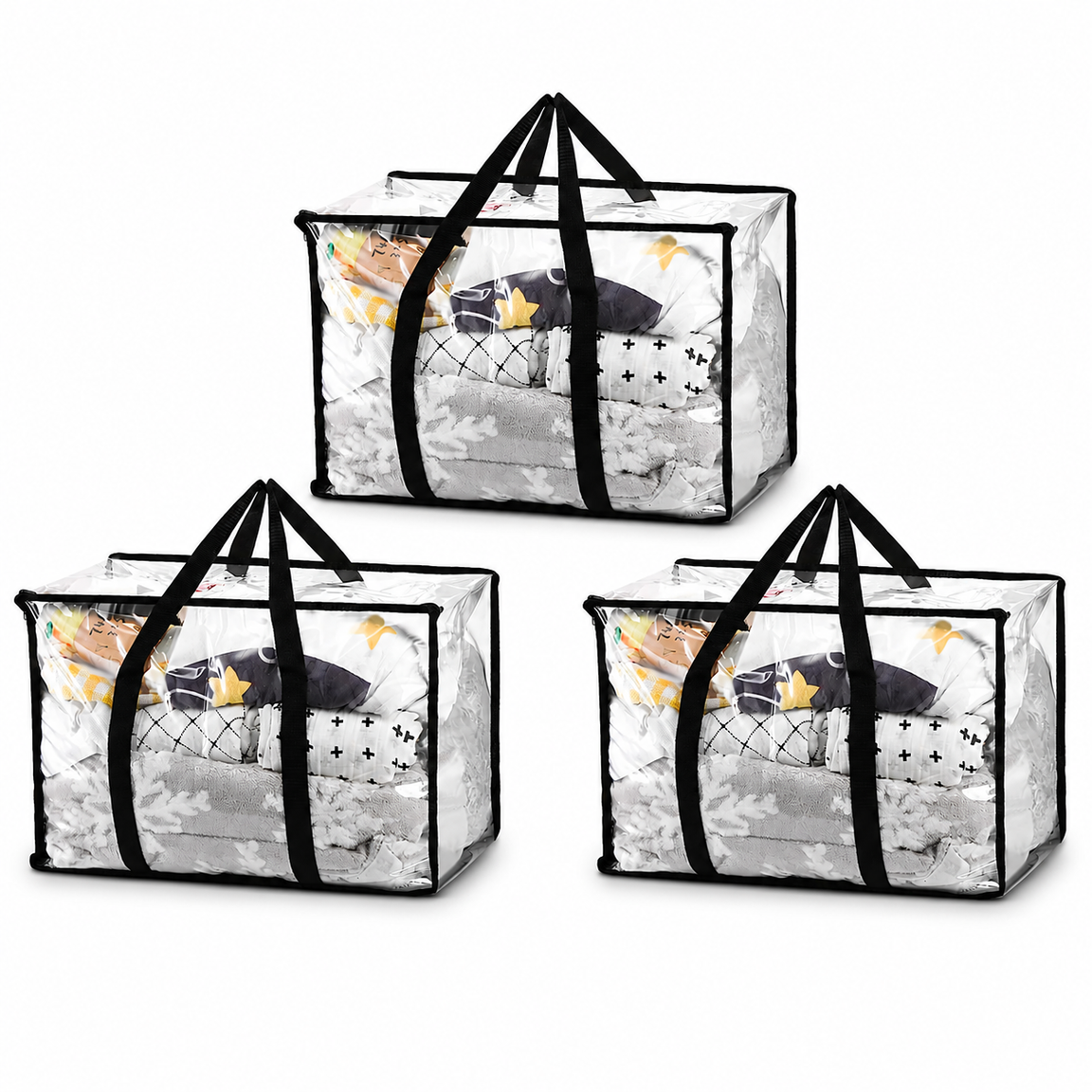 Three clear bedding-storage bags with black handles and trim.