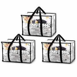 Three clear bedding-storage bags with black handles and trim.
