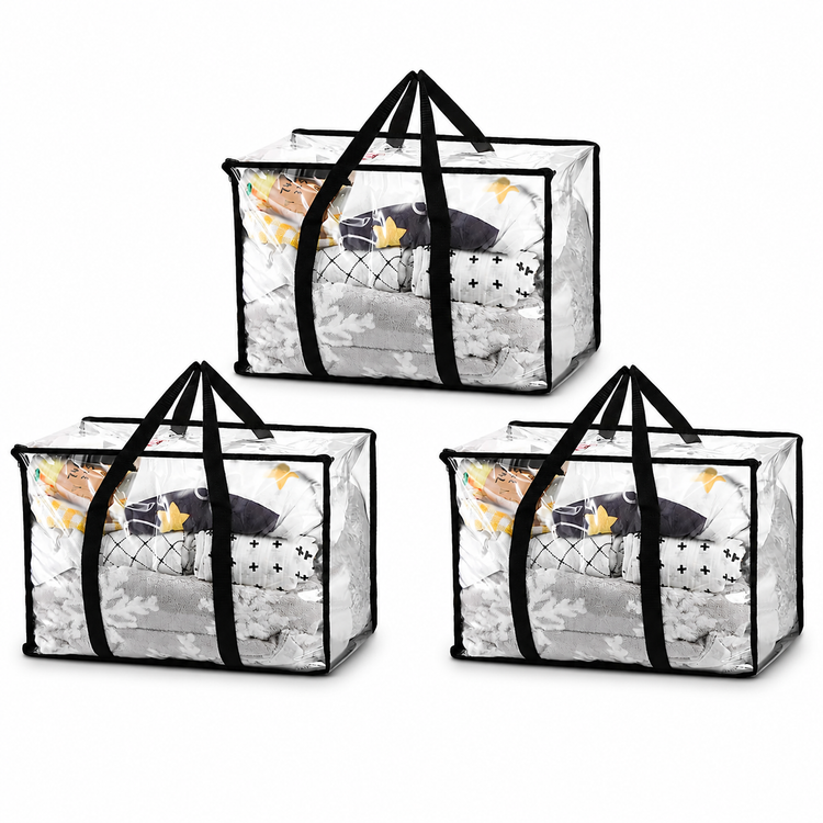 Three clear bedding-storage bags with black handles and trim.