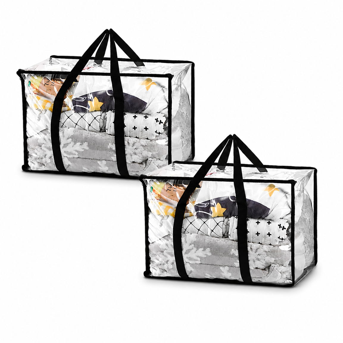 Two clear bedding-storage bags with black handles and trim.