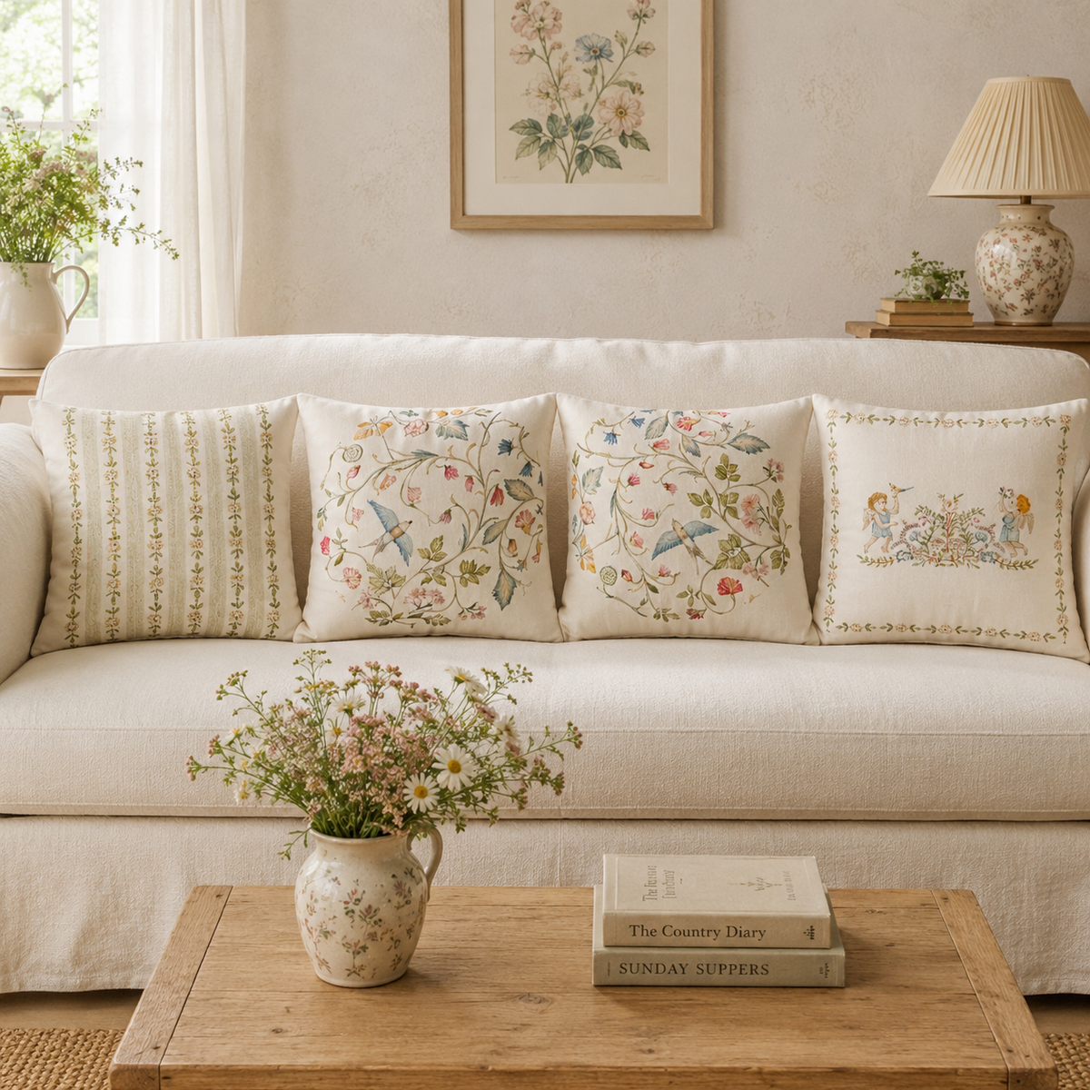 Green Cozy  Birds and Floral Pattern Cushion Cover Pack of 4