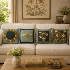 French White Birds and Flowers Cushion Cover Pack of 4