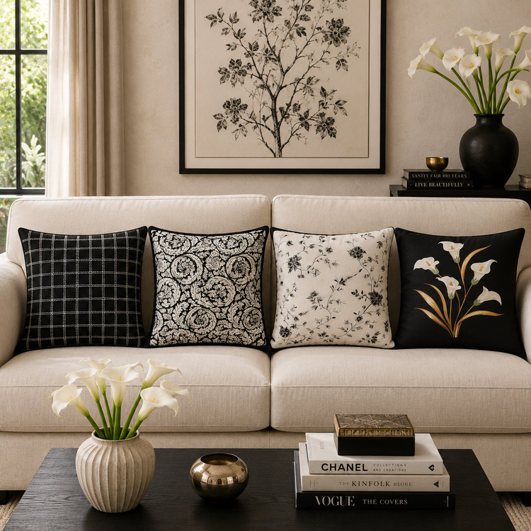 Four black and cream cushion covers with checks, ornate patterns and floral designs on a sofa.