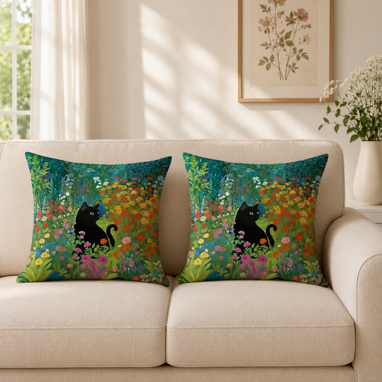 Two colourful garden-print cushion covers with black cat silhouettes on a cream sofa.