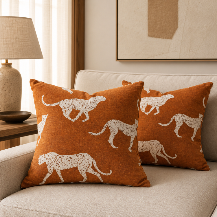 Two rust cushion covers with cream walking leopard silhouettes on a sofa.