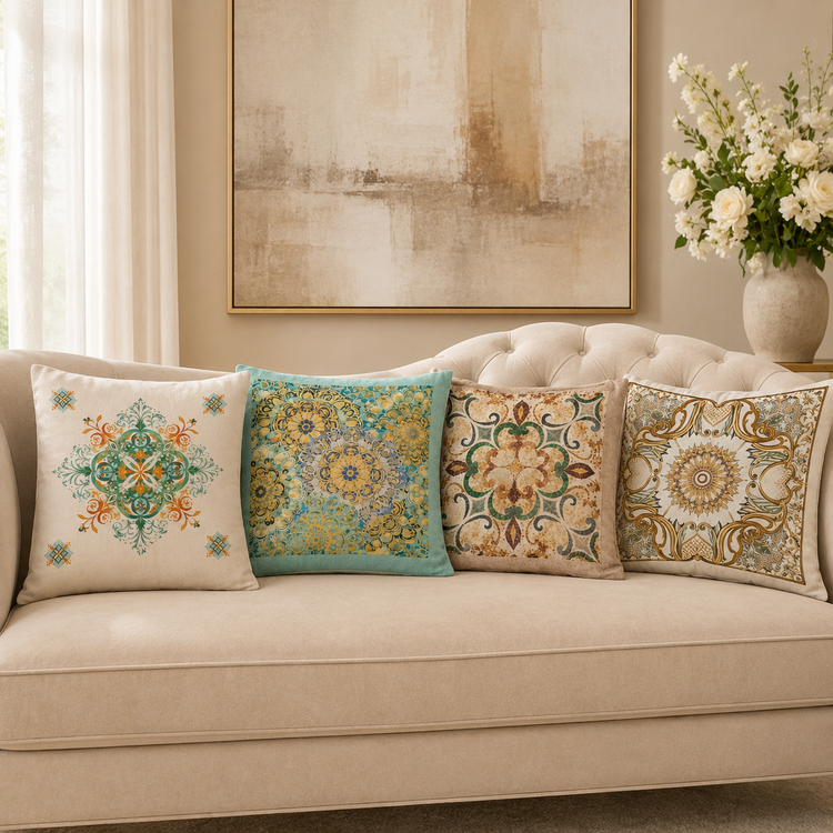 Four cream cushion covers with ornate pastel floral medallions arranged on a sofa.