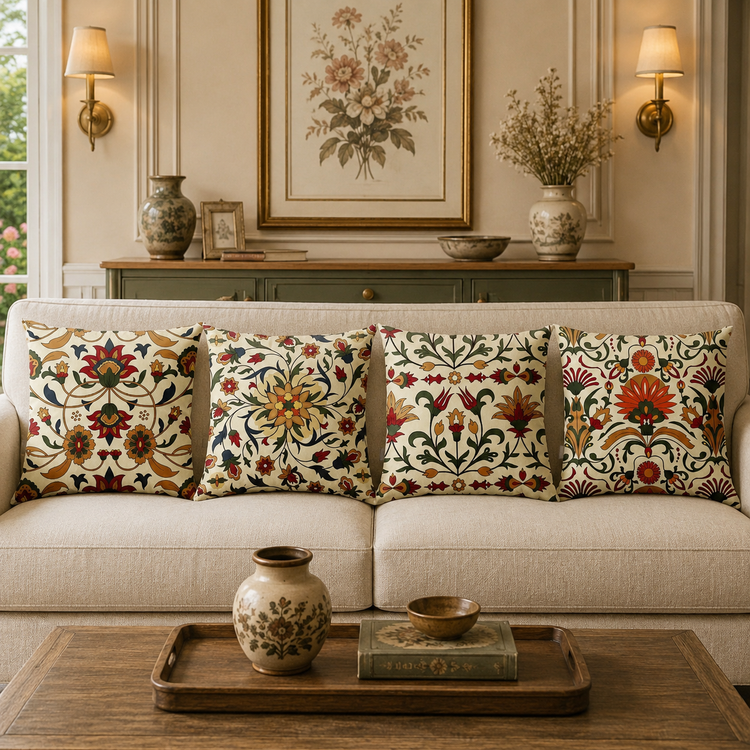 Four cream cushion covers with ornate multicoloured floral patterns on a beige sofa.