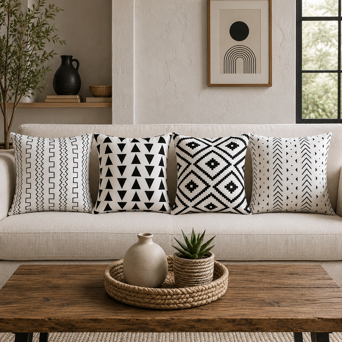 Four black and white geometric cushion covers arranged on a beige sofa.