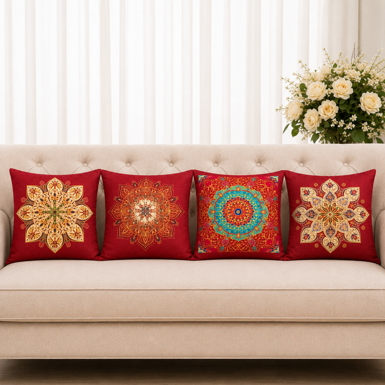Four red cushion covers with large gold coloured and turquoise floral medallions on a sofa.