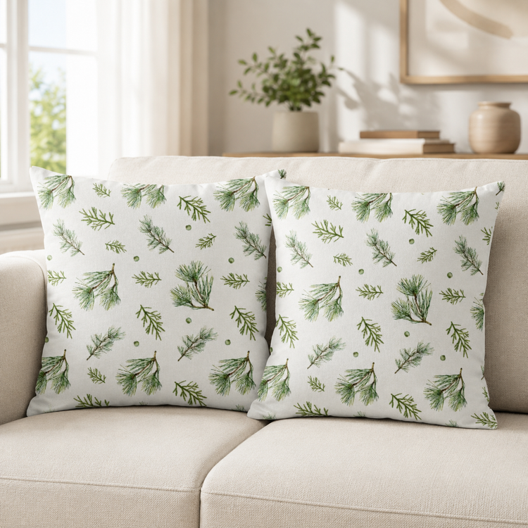 Two white cushion covers with small green botanical sprigs on a sofa.