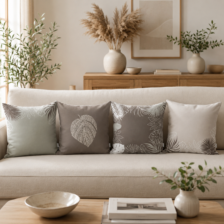 Four muted neutral cushion covers with delicate leaf patterns arranged on a sofa.