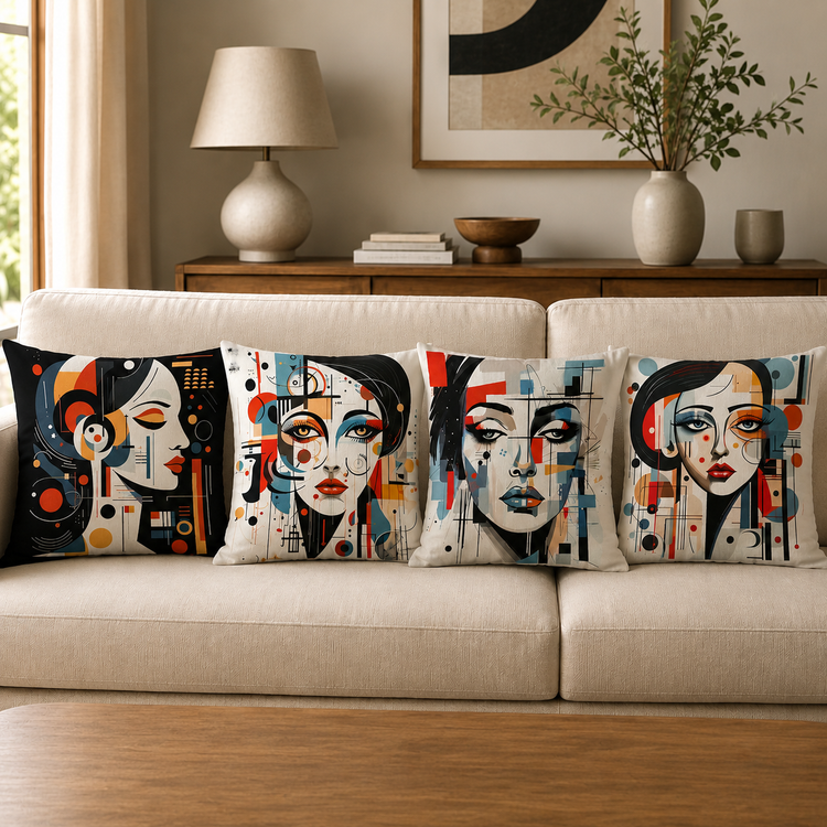 Four cushion covers with colourful abstract portraits of women arranged on a sofa.