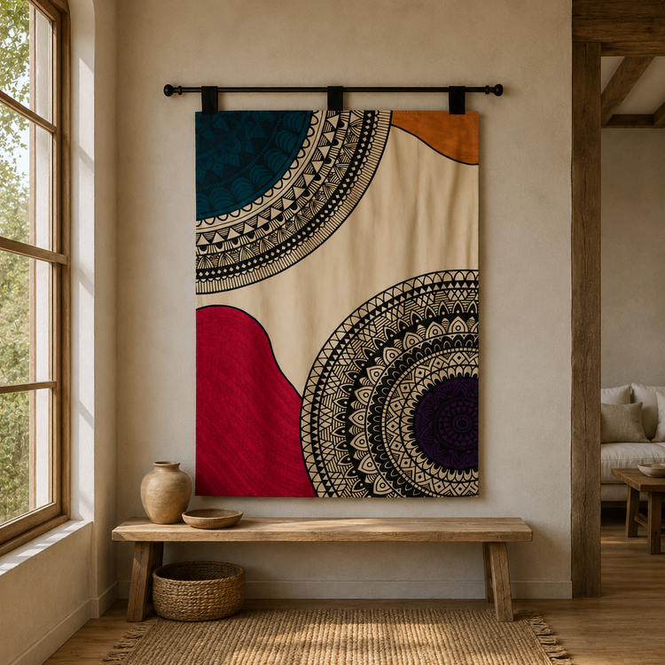 Wall tapestry with ornate circular mandala patterns and red, black and cream panels.