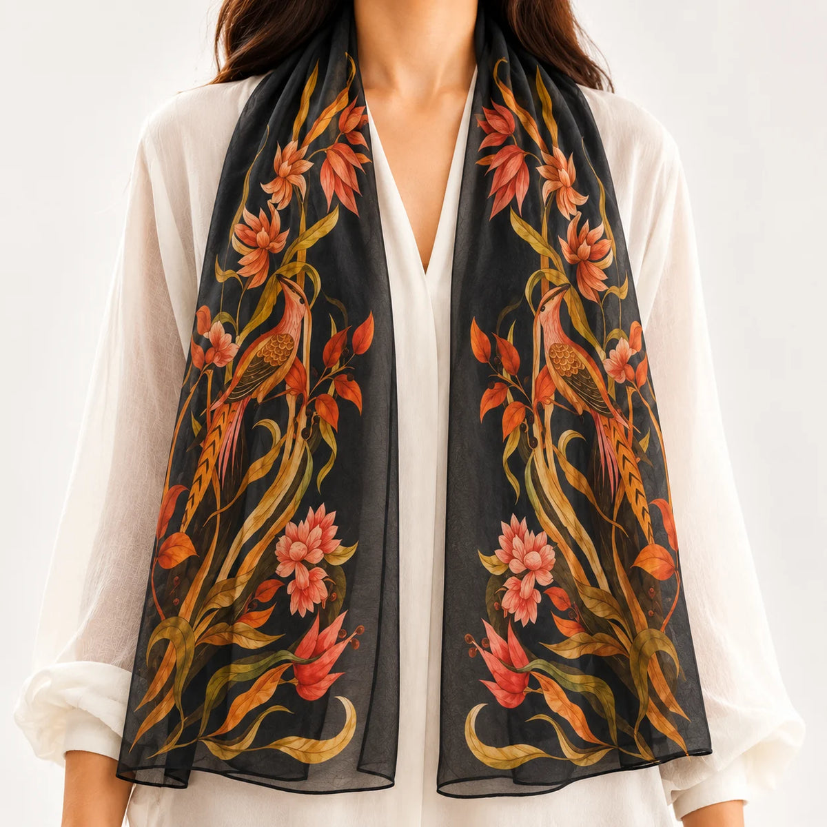 Black Silk Floral Scarf Silk Scarf