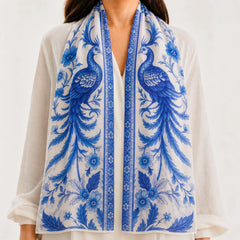 Blue and White Floral Printed Silk Scarf