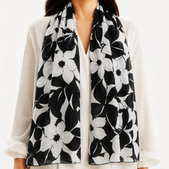 Black Flower-Patterned Silk Scarf