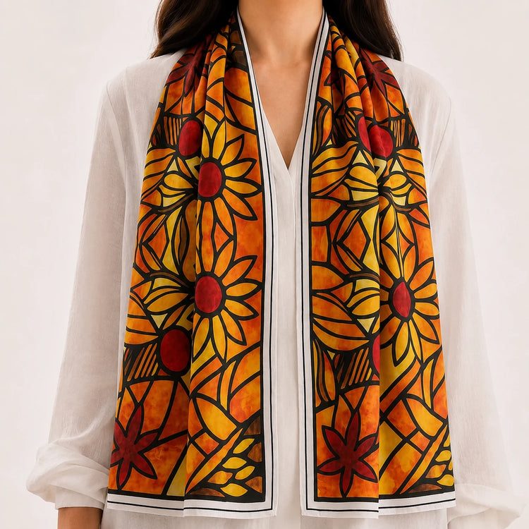 Orange, yellow and black floral stole draped over a white blouse.