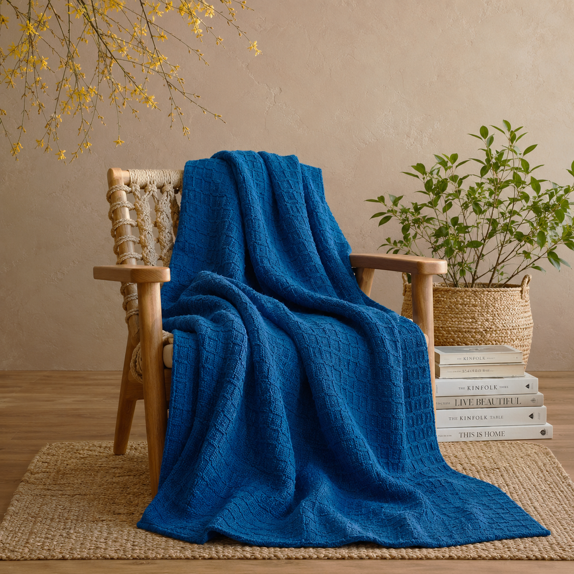 Blue cotton thermal blanket draped over a wooden armchair.