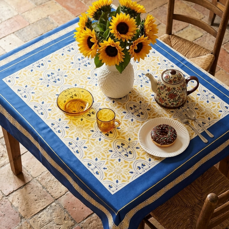 Overhead view of a cream patterned tablecloth with broad blue borders.