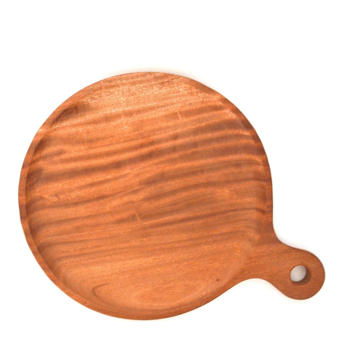 Round wooden pizza serving board with a short handle and hanging hole.