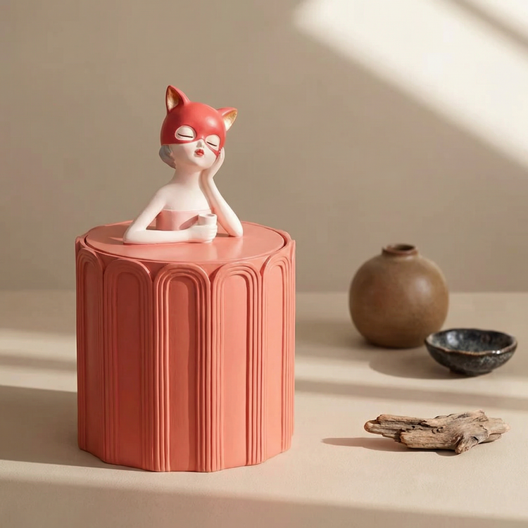 Coral cylindrical tissue dispenser topped with a fox-themed girl figurine.