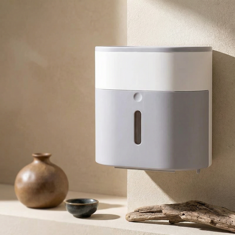 Grey and white wall-mounted tissue dispenser.