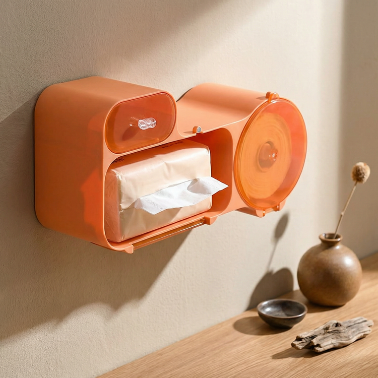 Orange wall-mounted tissue dispenser shown open with tissues inside.