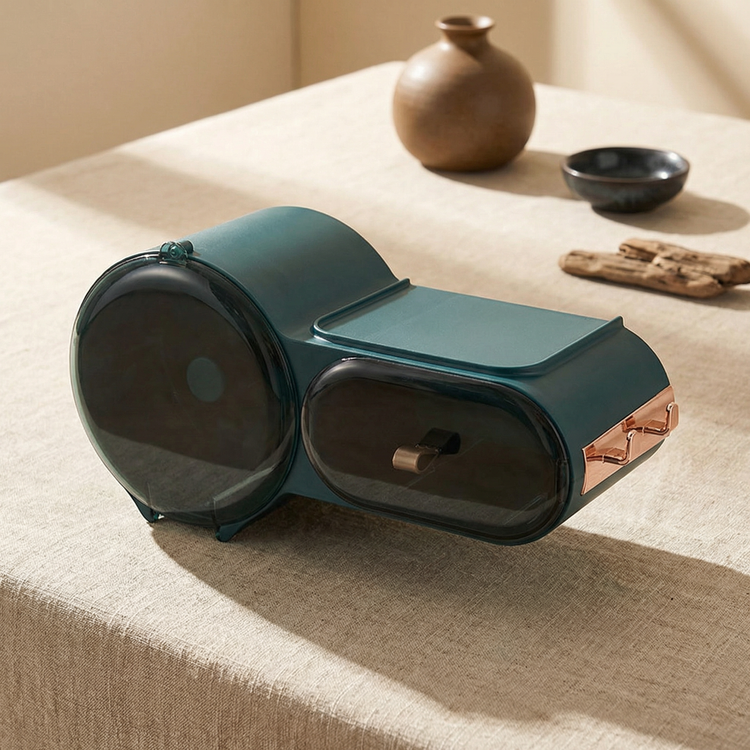 Dark green wall-mounted tissue organizers displayed together.