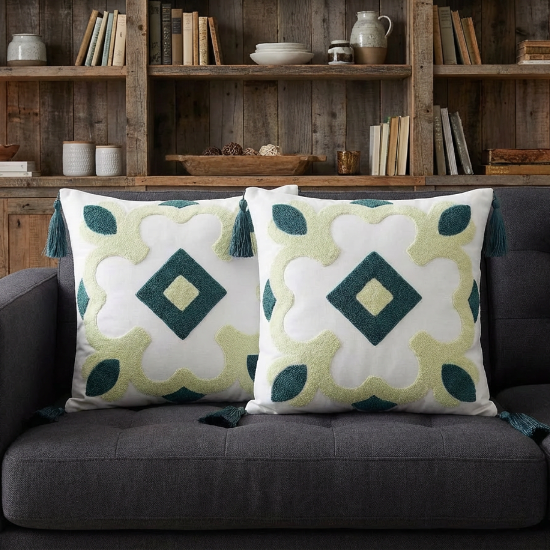 Two cream cushion covers with mint and dark green diamond motifs and tassels on a dark sofa.