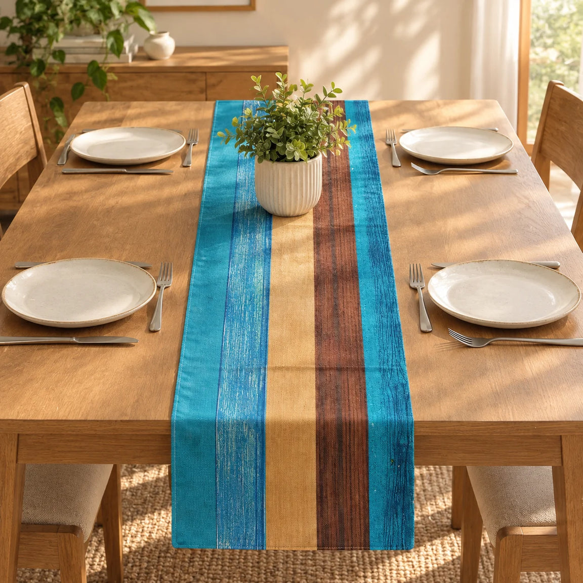 SunlitFloralTablerunnners placed on  a dining table 